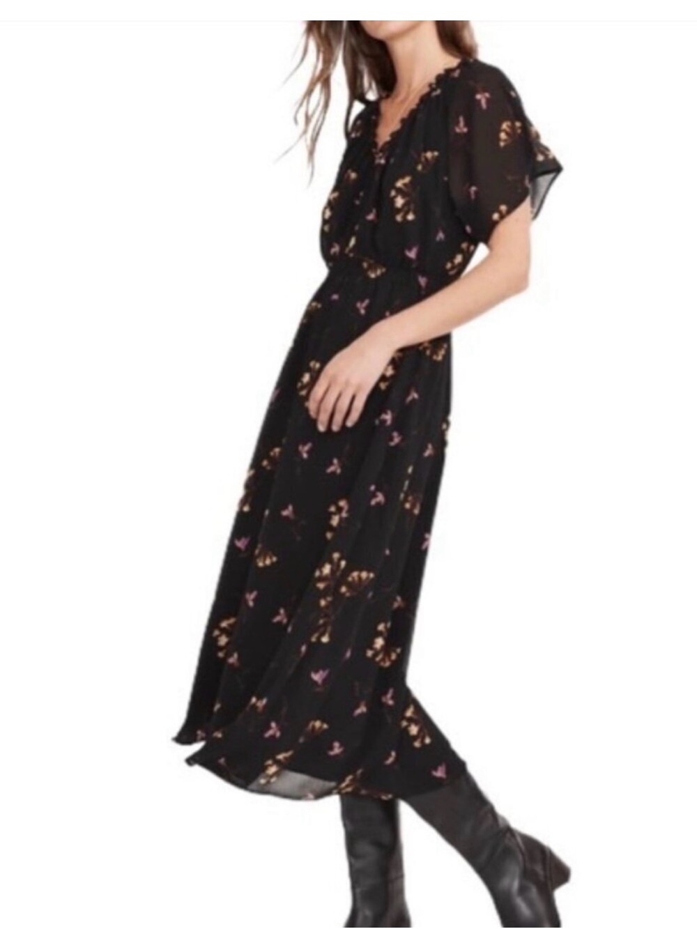 Madewell Georgette V Neck Fresia Black Floral Midi Dress